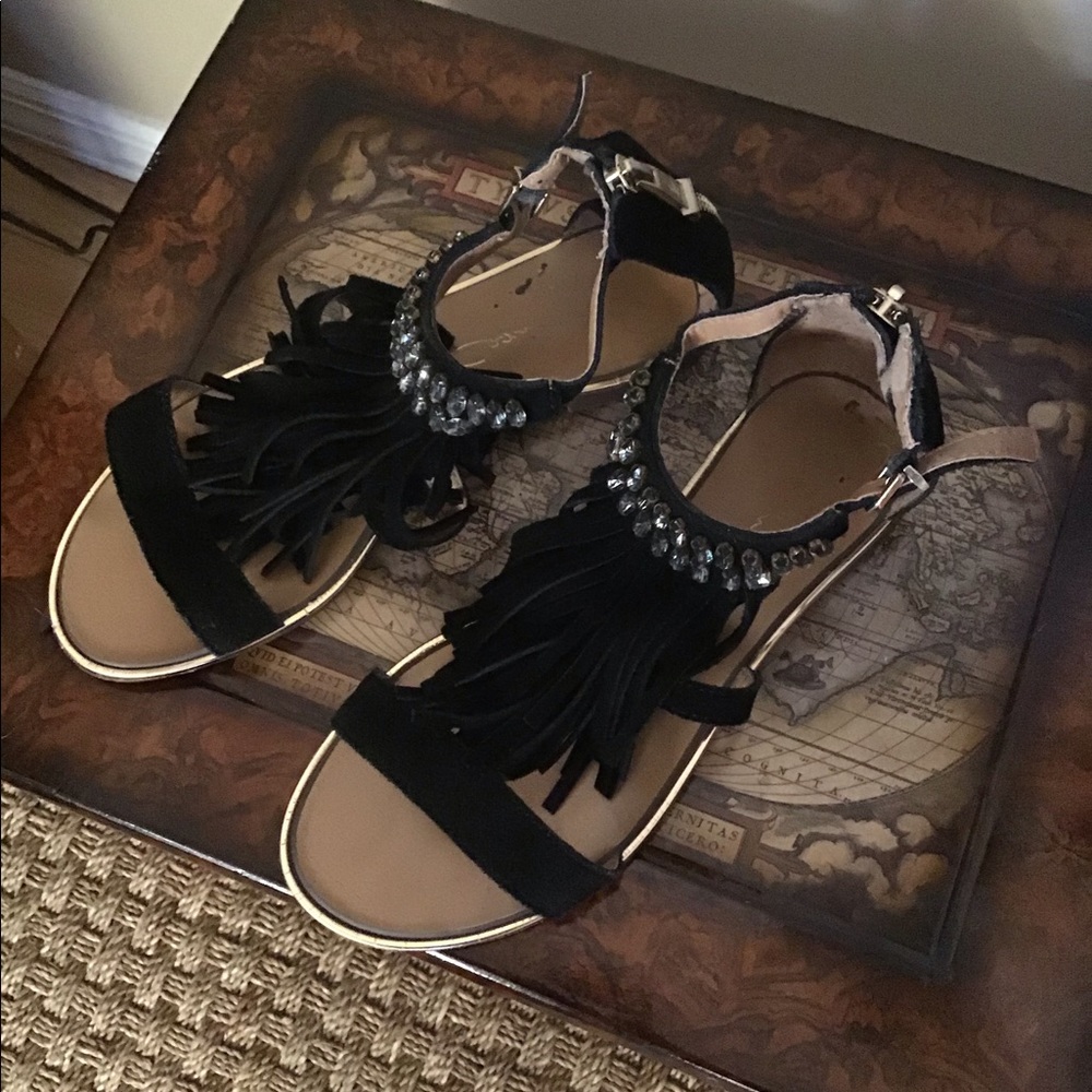 Black Fringe Flats with Rhinestones